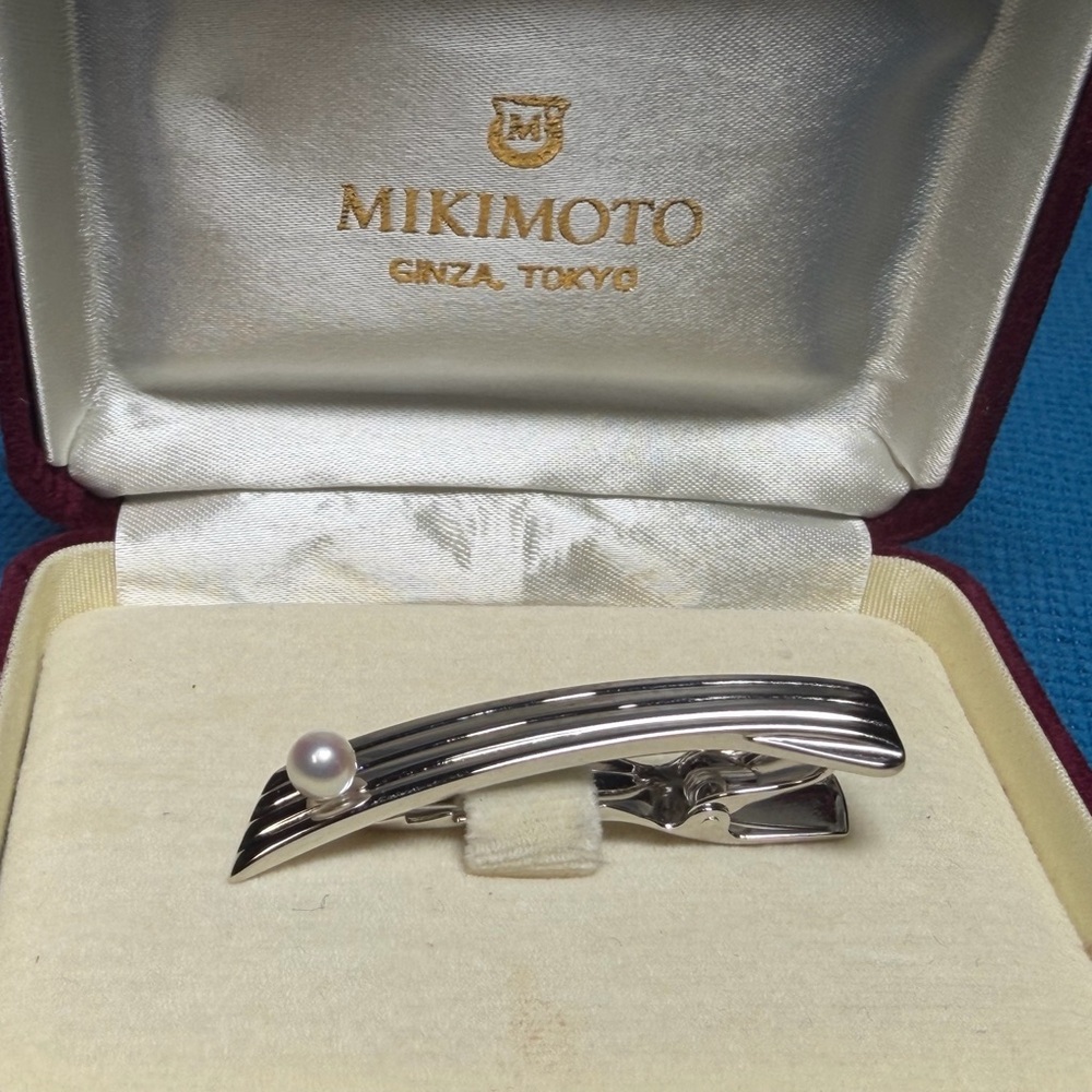 Mikimoto Silver Tone Tie Bar with Pearl Accent